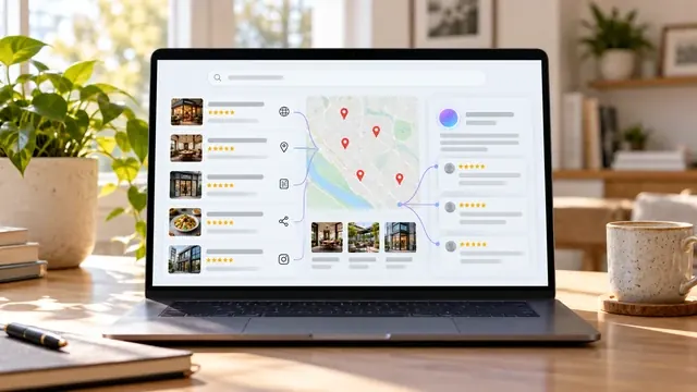 Laptop showing a map with business pins and review listings, the sources AI tools like ChatGPT draw on