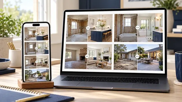 Phone and laptop displaying before and after photos of home renovation projects