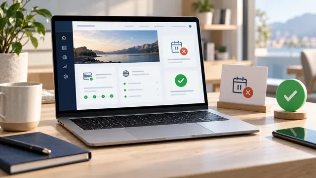 Laptop with a website care dashboard next to a calendar card with a cancel mark and a green check mark