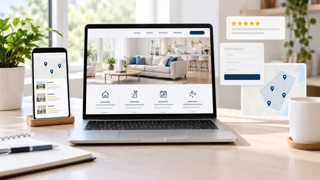 Cleaning company website with service icons, map pins and five-star reviews on a laptop and phone