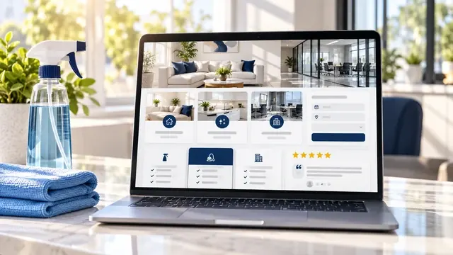 Cleaning business website on a laptop beside a spray bottle and folded blue cloths