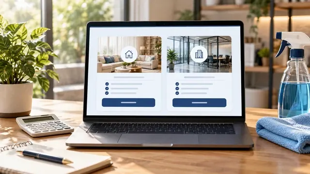 Laptop showing residential and commercial cleaning price options next to a calculator and spray bottle