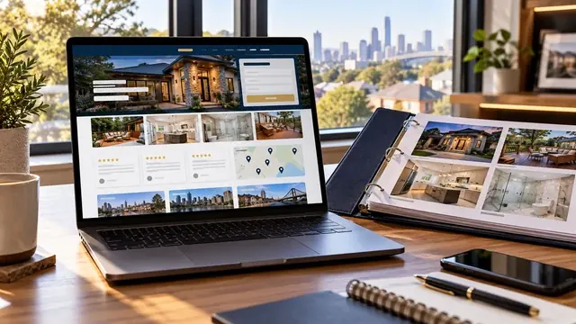 Contractor website with project photos and a quote form on a laptop, beside a printed project portfolio