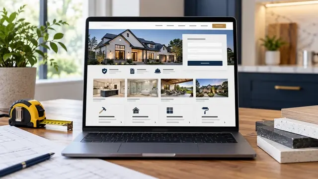 Contractor website with a house photo and project gallery on a laptop next to a tape measure and blueprints