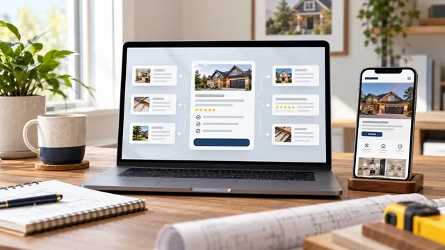 Contractor website with ratings and service listings on a laptop and phone, prepared for ChatGPT recommendations