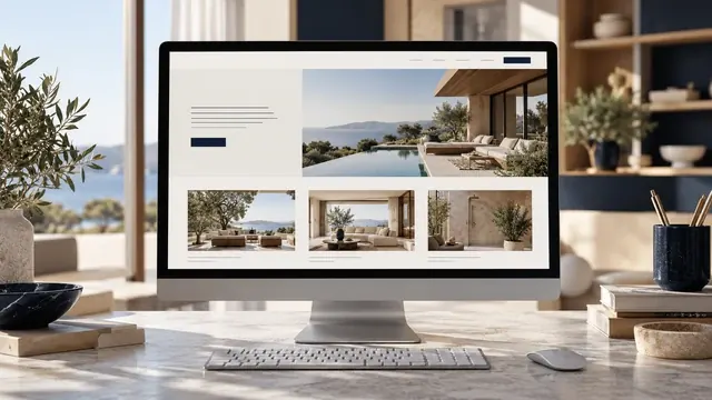 Minimal, high-end website with luxury home photos on a desktop monitor in a bright studio