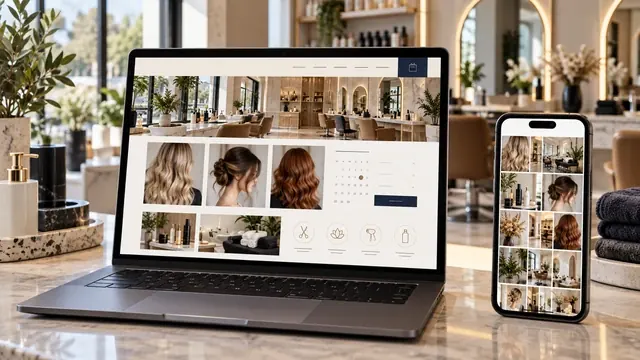 Hair salon website with a portfolio of hairstyles on a laptop next to an Instagram feed on a phone
