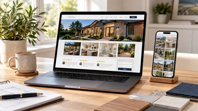 Service business website with project photos on a laptop beside its Instagram grid on a phone