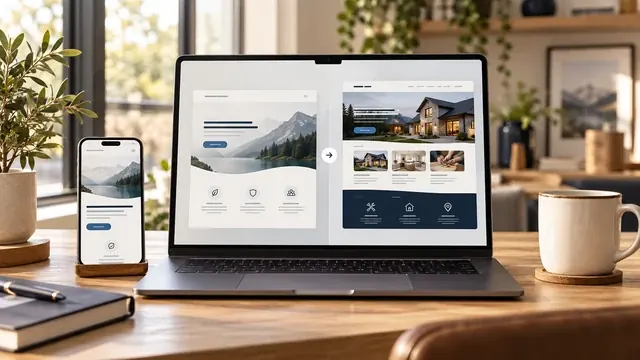 One-page landing page on a phone compared with a multi-page website on a laptop