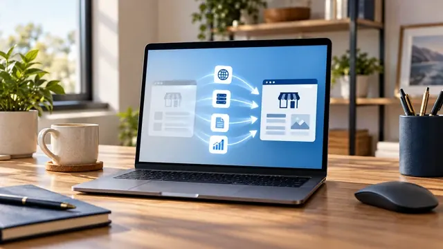 Laptop illustrating website files, hosting and domain moving from an agency platform to the owner