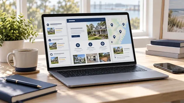 Laptop showing a new business listing with a map, photos and contact details