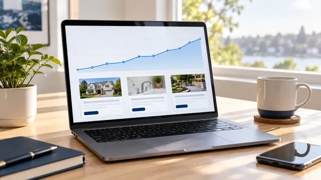 Laptop showing a rising search traffic chart above home project photos