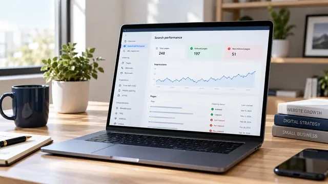 Laptop with a search performance report showing clicks, impressions and pages