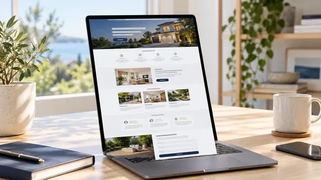 Single-page website for a home services company displayed on a tilted laptop screen