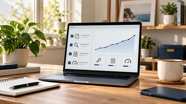 Laptop with an SEO checklist and an upward trend line, a one-time setup instead of monthly work