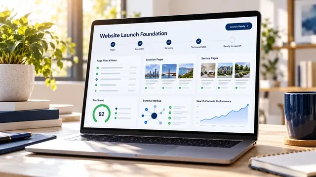 Website launch dashboard with page speed score, schema and Search Console performance on a laptop