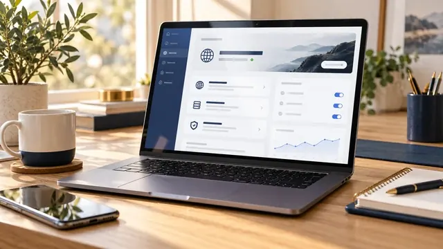 Website account settings with domain, hosting and security switches on a laptop, owned by the business