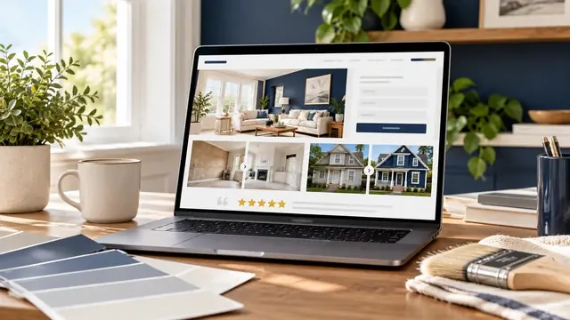 Painting company website with room photos and reviews on a laptop beside paint swatches