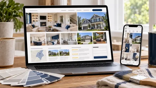 Painter website with interior and exterior project photos on a laptop and phone next to color swatches and a brush