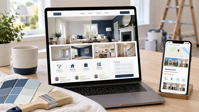 Painting contractor website and phone listing beside paint swatches and a brush, ready to win jobs online