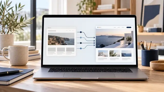 Laptop illustrating old website pages redirected to a redesigned site