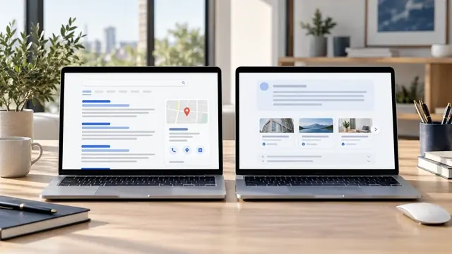 Two laptops side by side, one with Google search results and one with an AI-style answer
