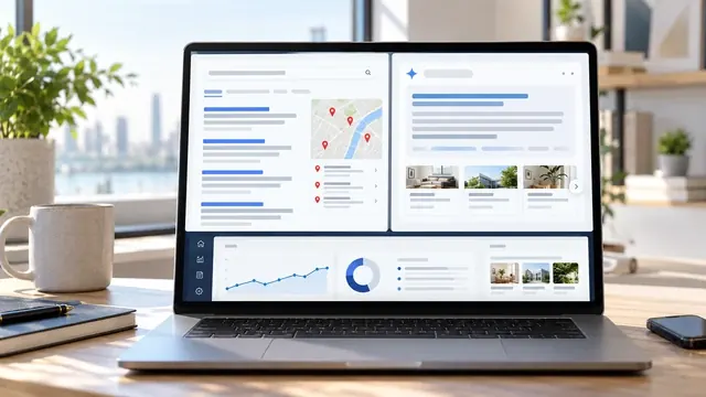 Laptop split between a search results view and an AI answer panel with charts below