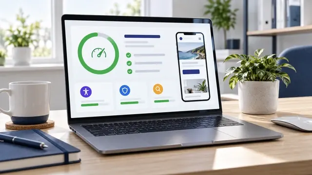 Laptop and phone showing a website speed test score and mobile preview