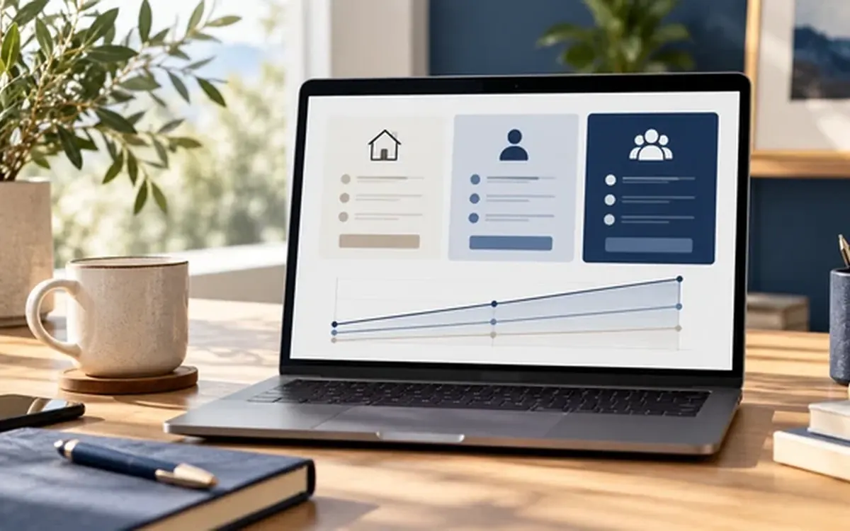 Laptop comparing three website pricing options with a cost chart, beside a notebook and coffee