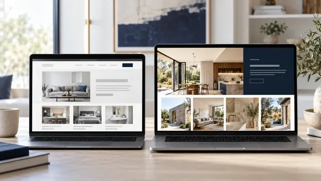 Template website next to a handcrafted website with large architecture photos on two laptops