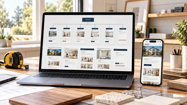 Website page structure with service and project pages on a laptop, the content a web designer needs