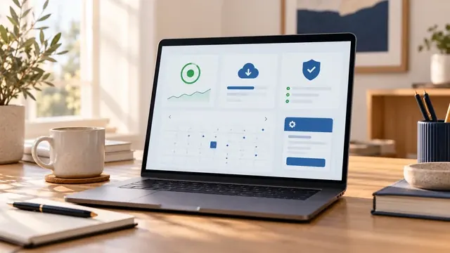 Website maintenance dashboard with uptime, backup and security status on a laptop