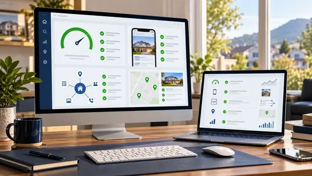 Desktop monitor with a speed score, mobile preview and map listings, a website with SEO in place