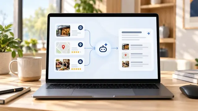 Laptop illustrating business listings flowing into an AI assistant that recommends local providers