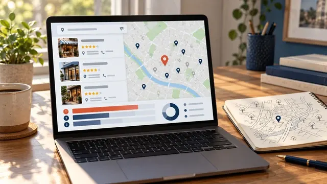 Local search map with business pins, ratings and a traffic chart on a laptop beside a paper map