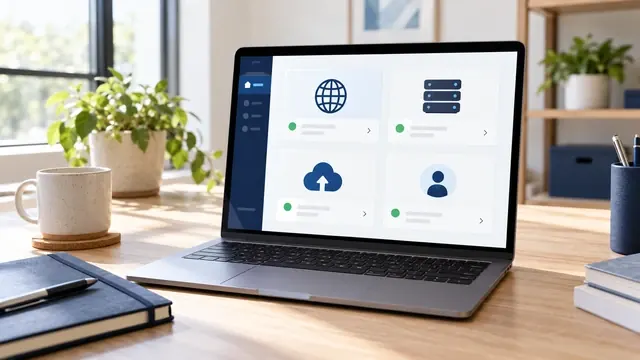 Laptop showing hosting, domain and account icons, the parts of a website the owner should control
