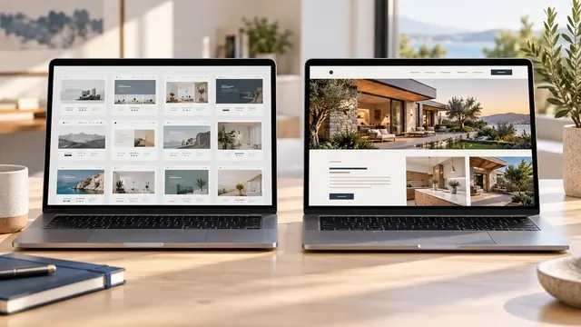 Builder template gallery on one laptop compared with a custom home website on another
