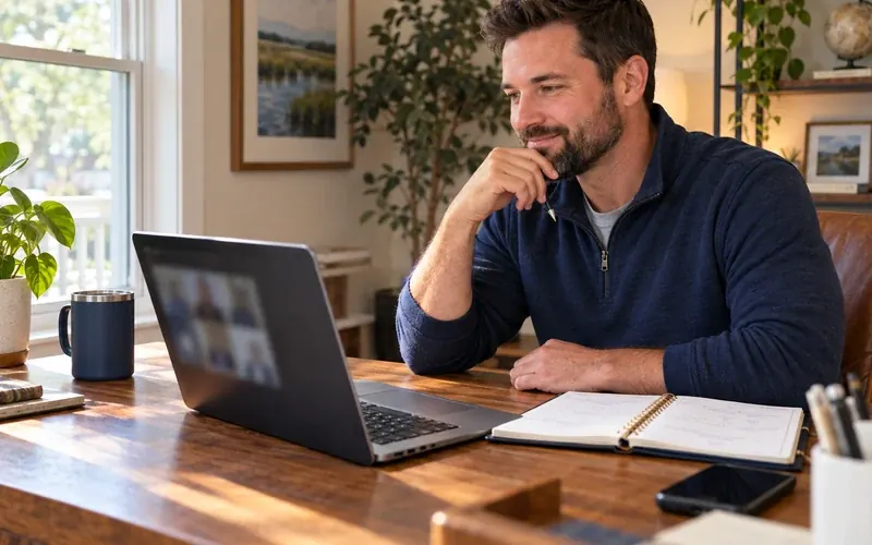 Business owner smiling during a video call on his laptop, like a free Ethos strategy call