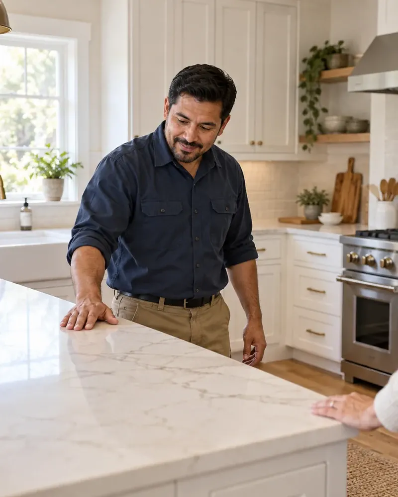 Contractor presenting a finished white kitchen with a marble island