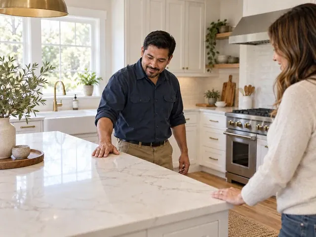 Countertop contractor showing a client a newly installed marble island in a white kitchen