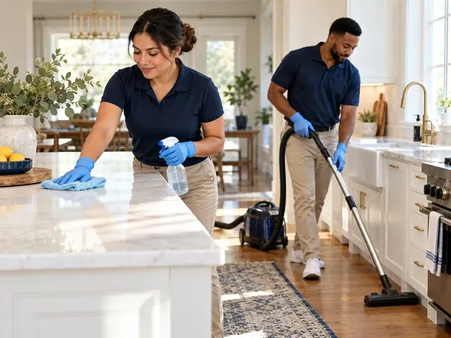 Two professional cleaners wiping a kitchen island and vacuuming the floor of a bright home