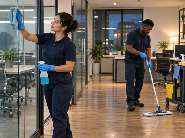 Commercial cleaning crew washing glass walls and mopping the floor of a modern office