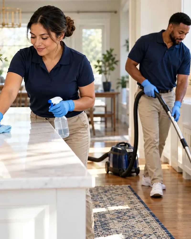 House cleaners at work in a white kitchen, one spraying the counter and one vacuuming