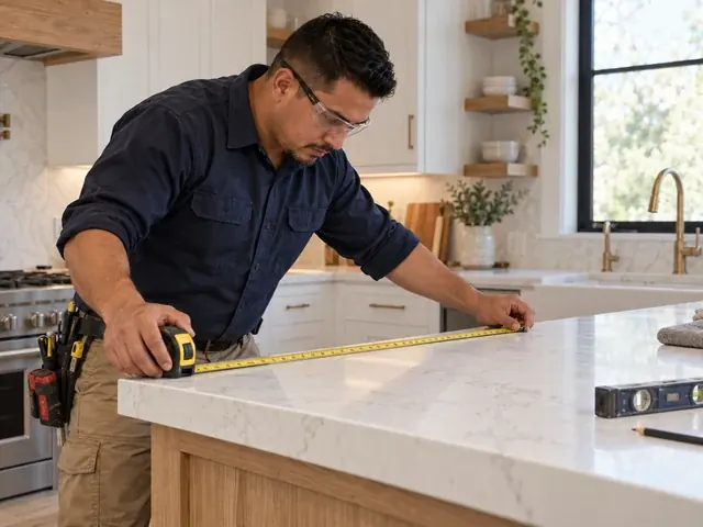 Contractor with a tool belt measuring a kitchen island during a remodel