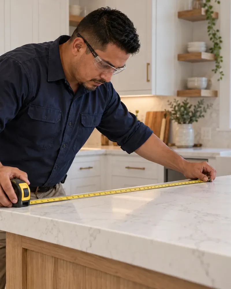 Contractor in safety glasses measuring a marble countertop in a white kitchen
