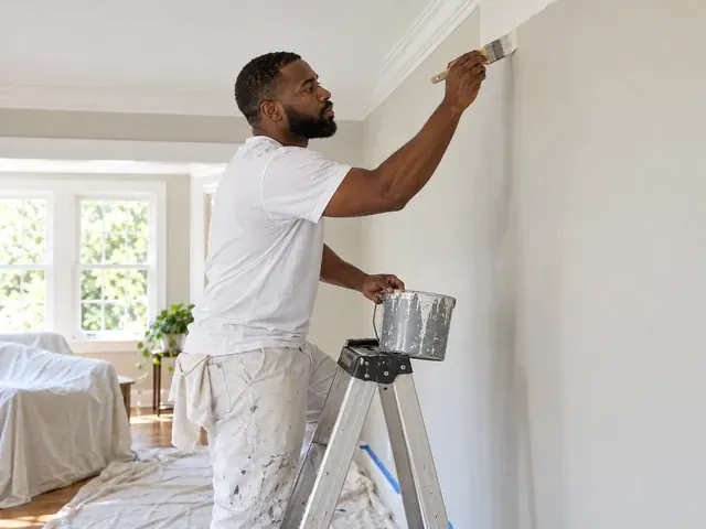 House painter rolling white paint on an interior wall from a ladder