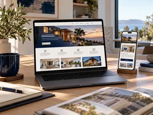 Custom website for a modern home builder on a laptop and phone beside an open magazine