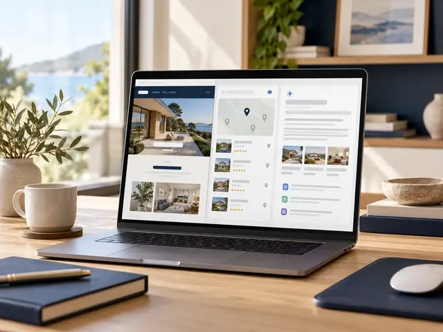 Laptop showing a website with photos, a map and reviews, built with SEO and GEO
