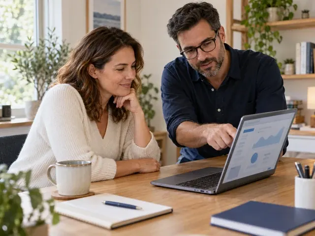 Website specialist walking a business owner through her site results on a laptop during a care check-in