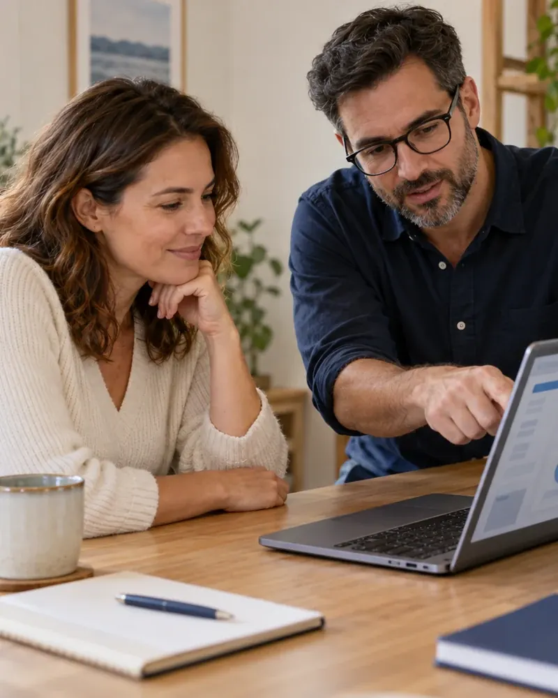 Two people reviewing a website performance chart together during a Care Plan check-in
